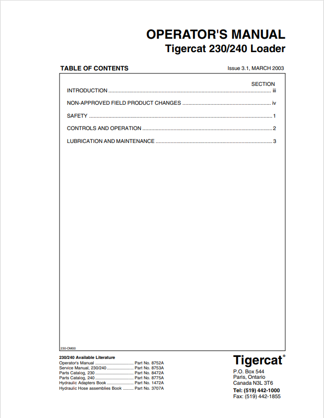 Tigercat 230, 240 Loader Operator Manual 8752A