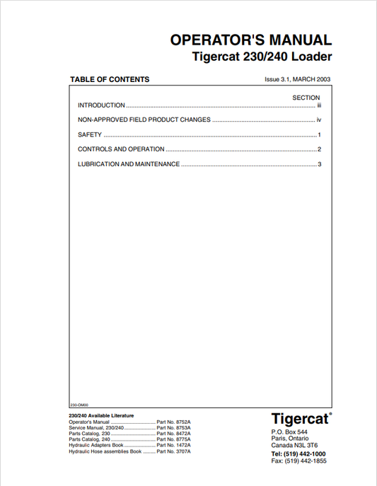 Tigercat 230, 240 Loader Operator Manual 8752A