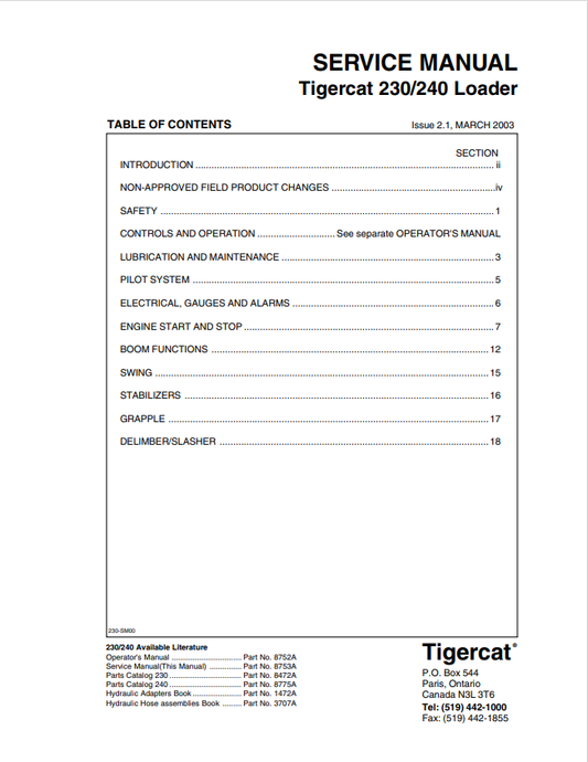 Tigercat 230, 240 Loader Service Manual 8752A