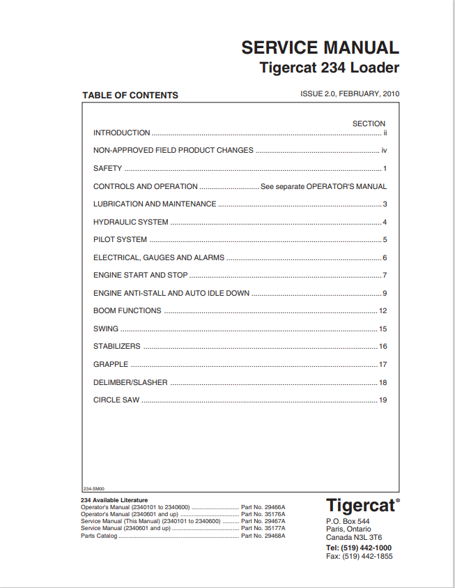 Tigercat 234 Loader Service Manual 35177A