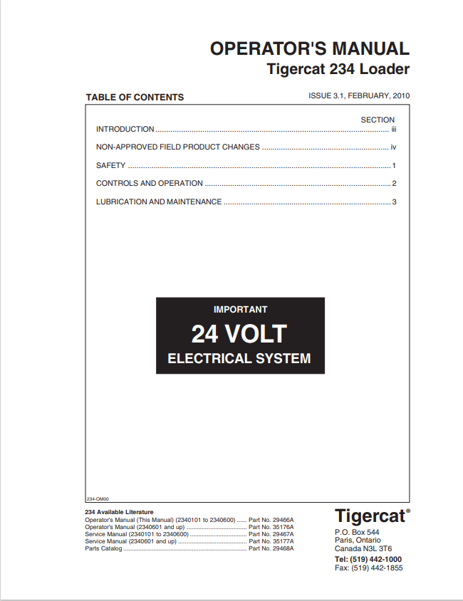 Tigercat 234 Loader Operator Manual 29466A
