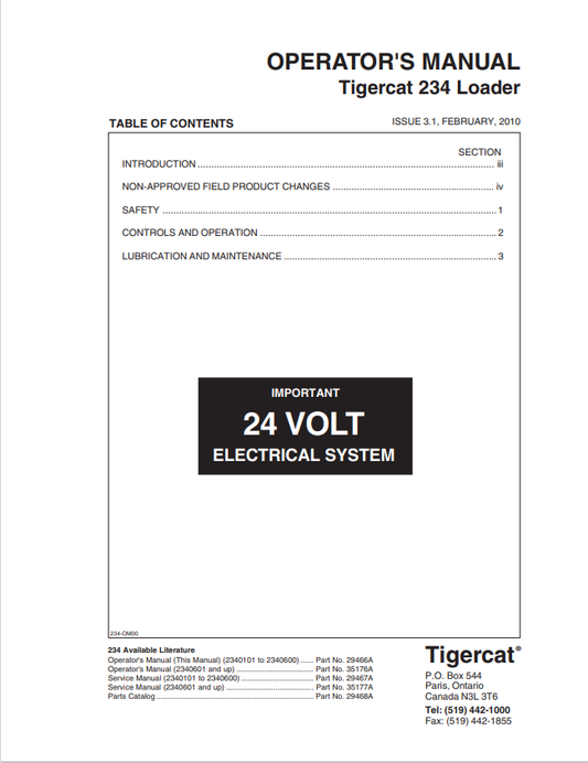Tigercat 234 Loader Operator Manual 29466A
