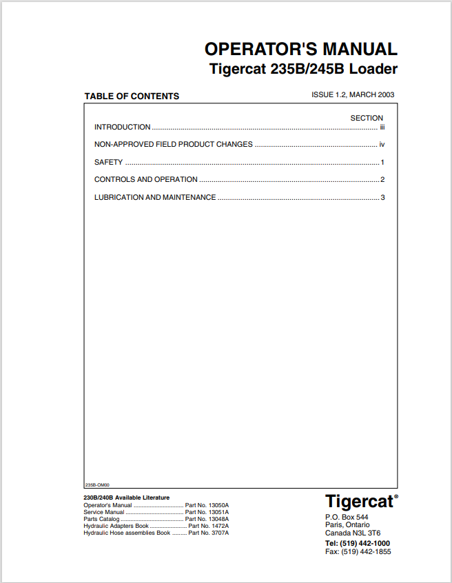 Tigercat 235B, 245B Loader Operator Manual 13050A