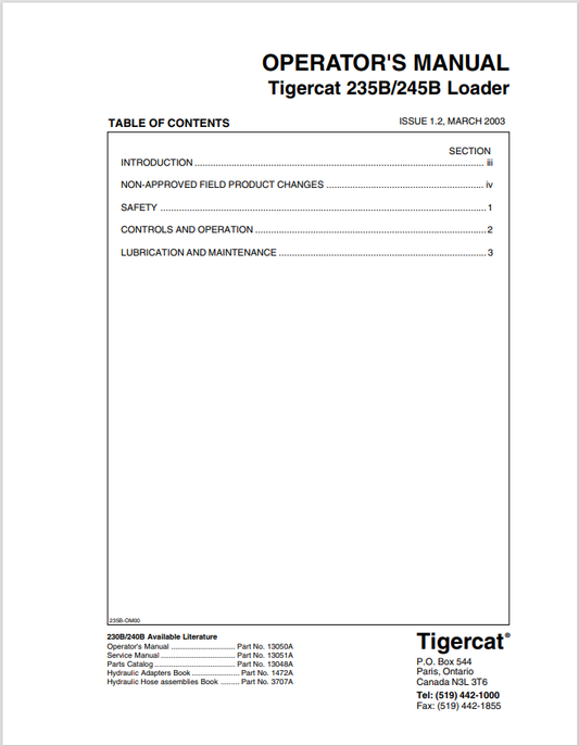 Tigercat 235B, 245B Loader Operator Manual 13050A