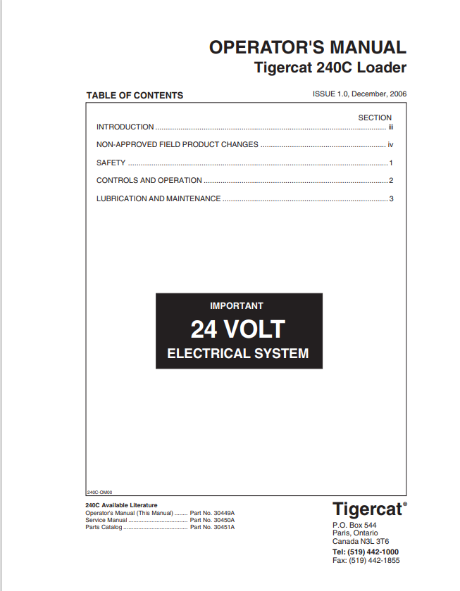 Tigercat 240C Loader Operator Manual 30449A