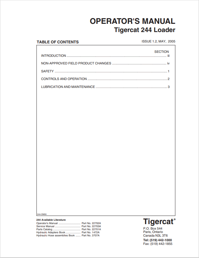 Tigercat 244 Loader Operator Manual 22702A