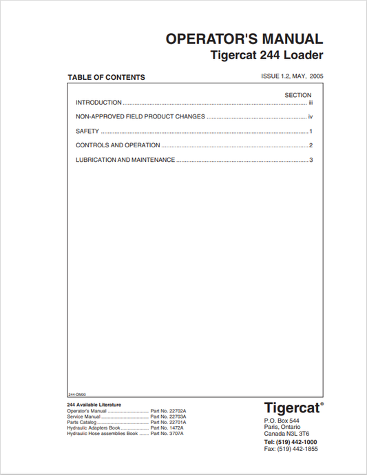 Tigercat 244 Loader Operator Manual 22702A