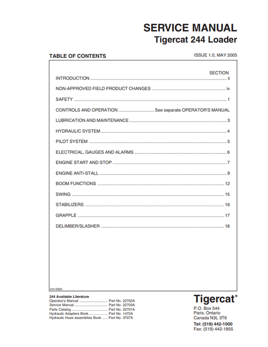 Tigercat 244 Loader Service Manual 22703A