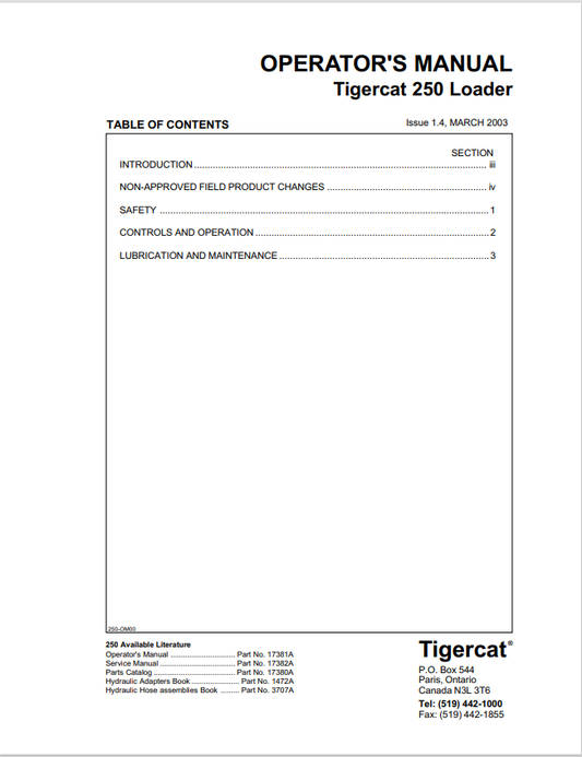 Tigercat 250 Loader Operator Manual 17381A