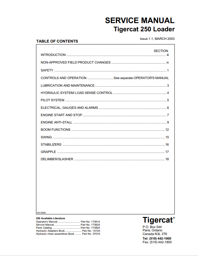 Tigercat 250 Loader Service Manual 17382A