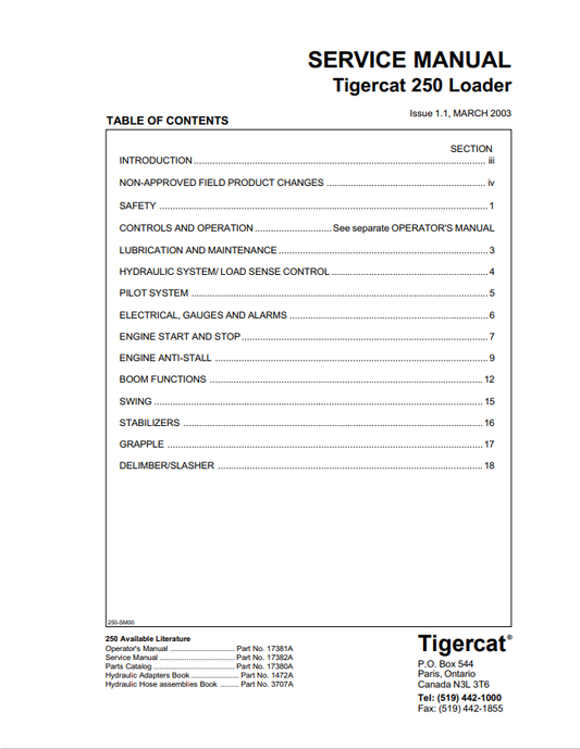 Tigercat 250 Loader Service Manual 17382A