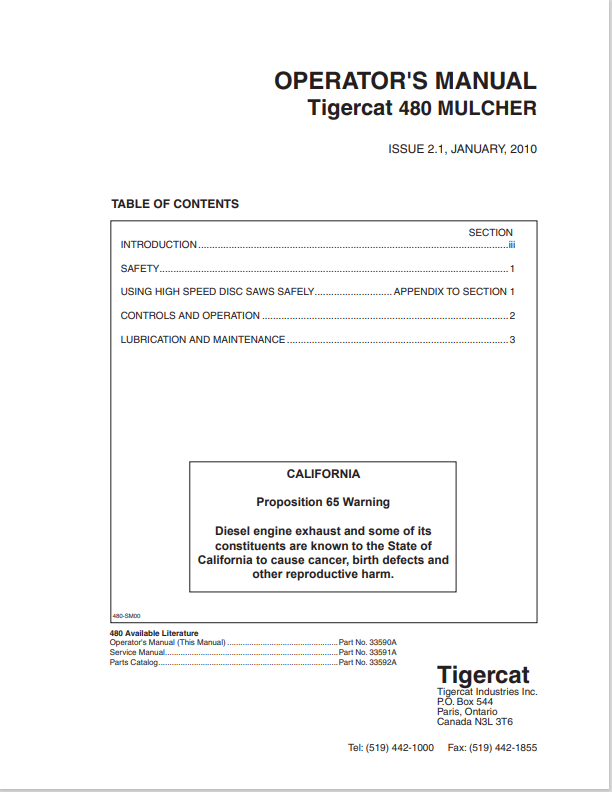 Tigercat 480 Mulcher Operator Manual 33590A