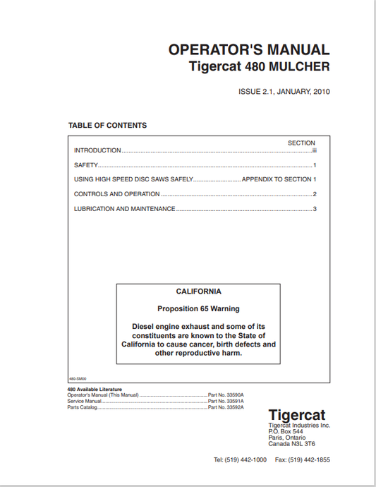 Tigercat 480 Mulcher Operator Manual 33590A
