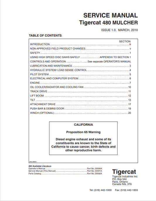 Tigercat 480 Mulcher Service Manual 33591A