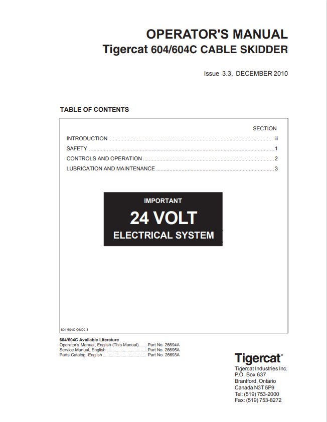 Tigercat 604, 604C Cable Skidder Operator Manual 26694A