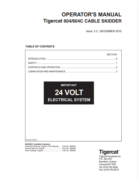 Tigercat 604, 604C Cable Skidder Operator Manual 26694A