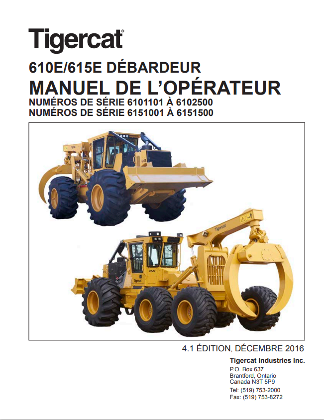 Tigercat 610E, 615E Tank Top Operator Manual 44476AENG