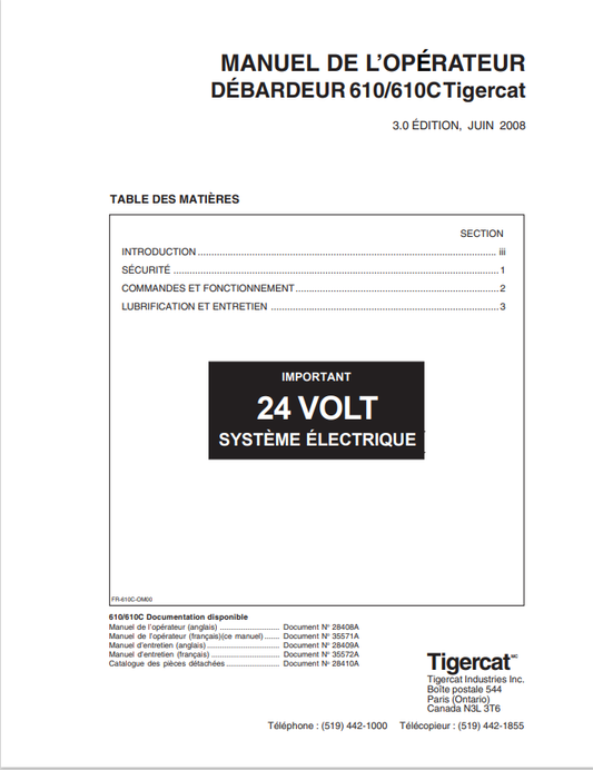 Tigercat 610, 610C Tank Top Operator Manual 28408A