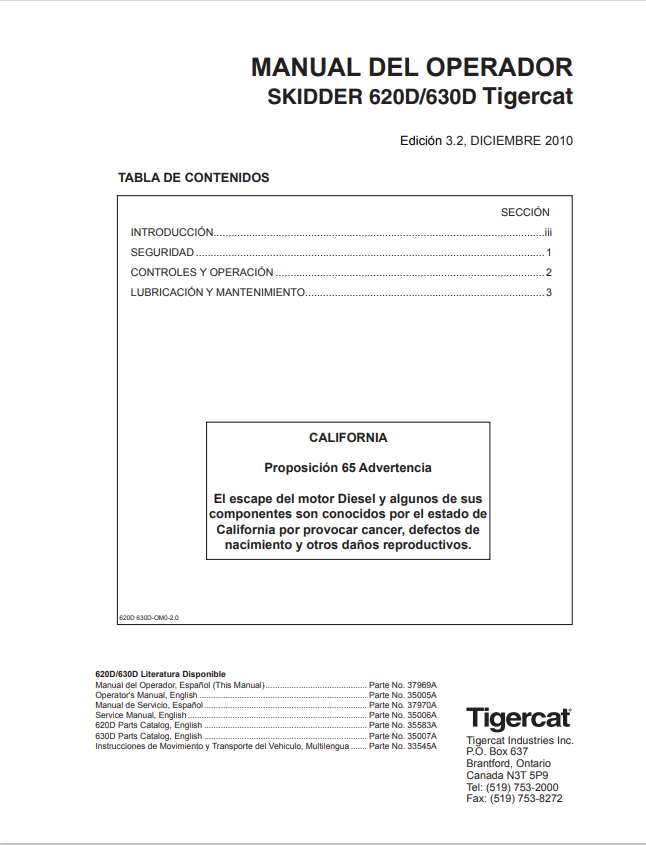 Tigercat 620D, 630D Skidder Operator Manual 37969A