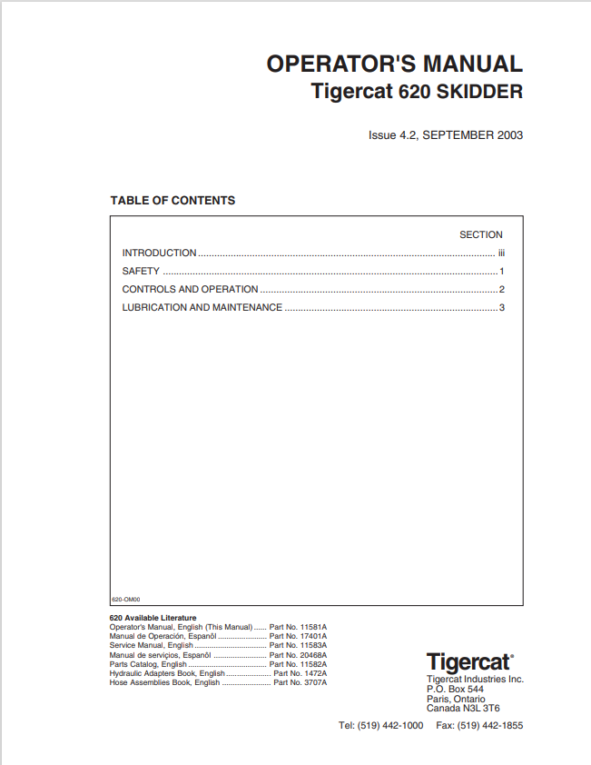 Tigercat 620 Skidder Operator Manual 11581A
