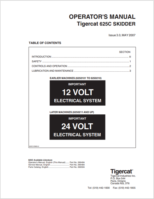 Tigercat 625C Skidder Operator Manual 26649A