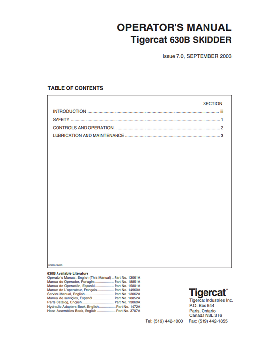 Tigercat 630B Skidder Operator Manual 13061A