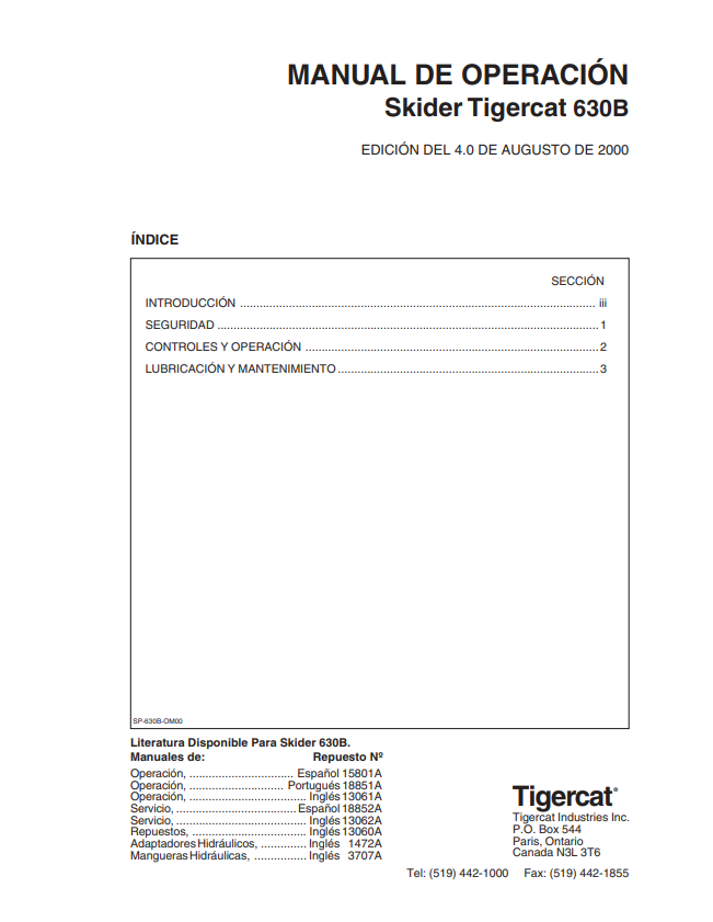 Tigercat 630B Skinder Operating Manual 18851A