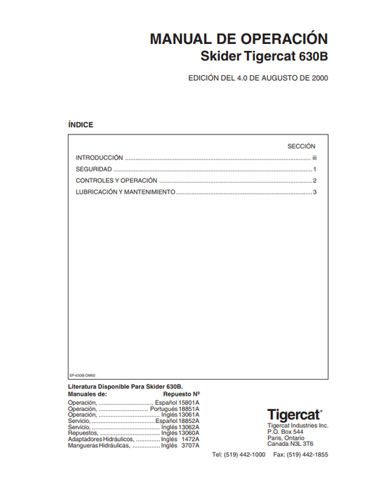 Tigercat 630B Skinder Operating Manual 18851A