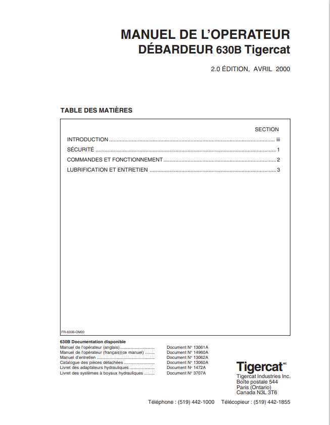 Tigercat 630B Tank Top Operator Manual 14960A
