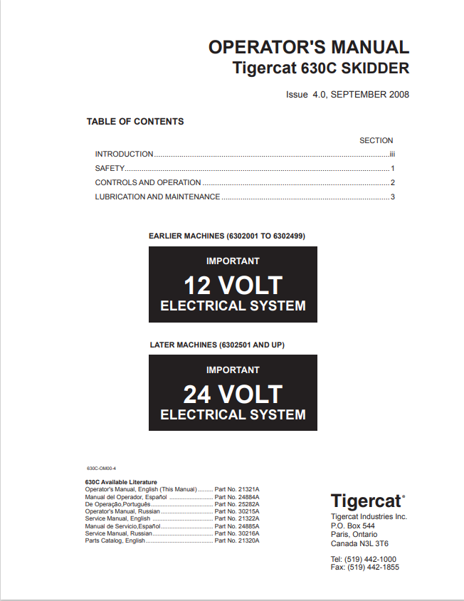 Tigercat 630C Skidder Operator Manual 21321A