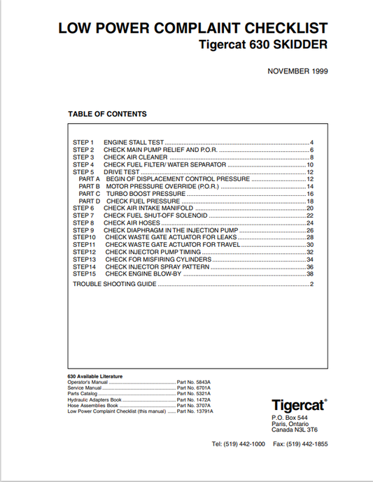 Tigercat 630 Skidder Low Power Complaint Checklist Manual 13791A