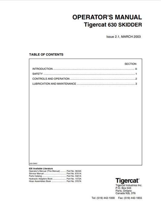 Tigercat 630 Skidder Operator Manual 5843A