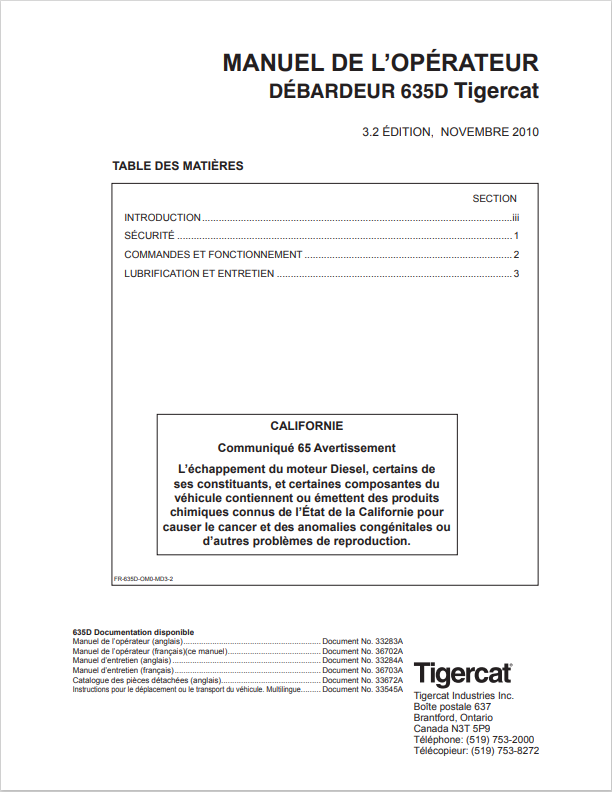 Tigercat 635D Tank Top Operator Manual 33283A
