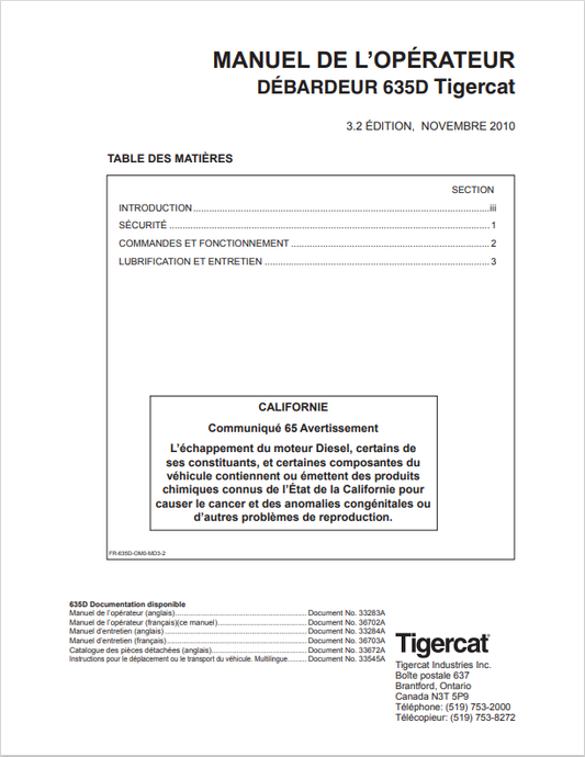 Tigercat 635D Tank Top Operator Manual 33283A