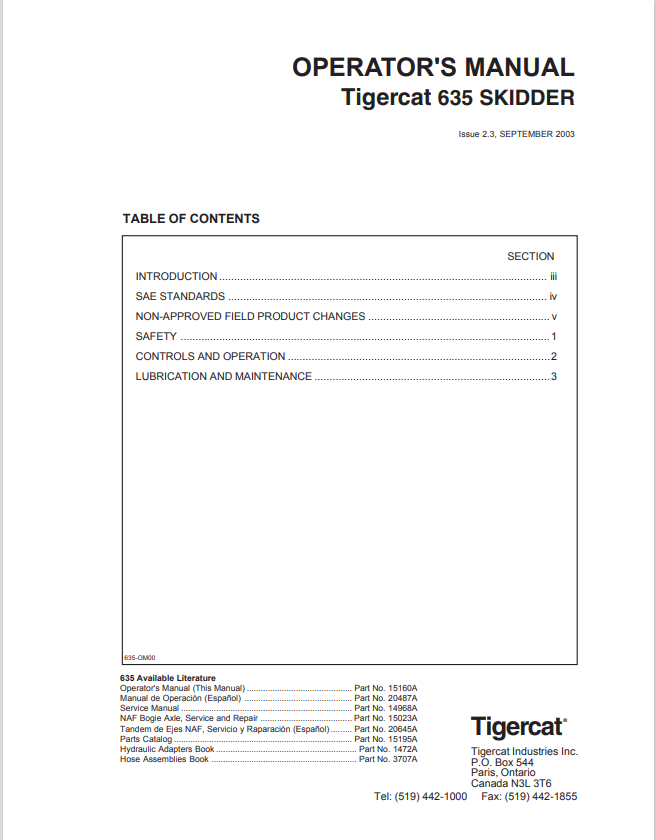 Tigercat 635 Skidder Operator Manual 15160A
