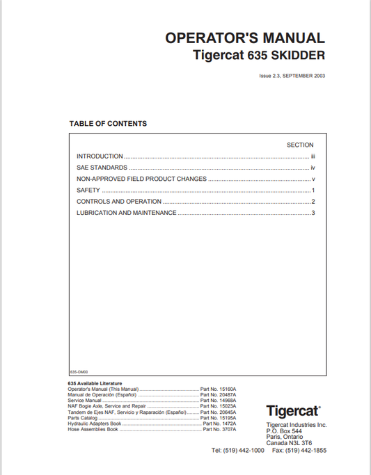 Tigercat 635 Skidder Operator Manual 15160A
