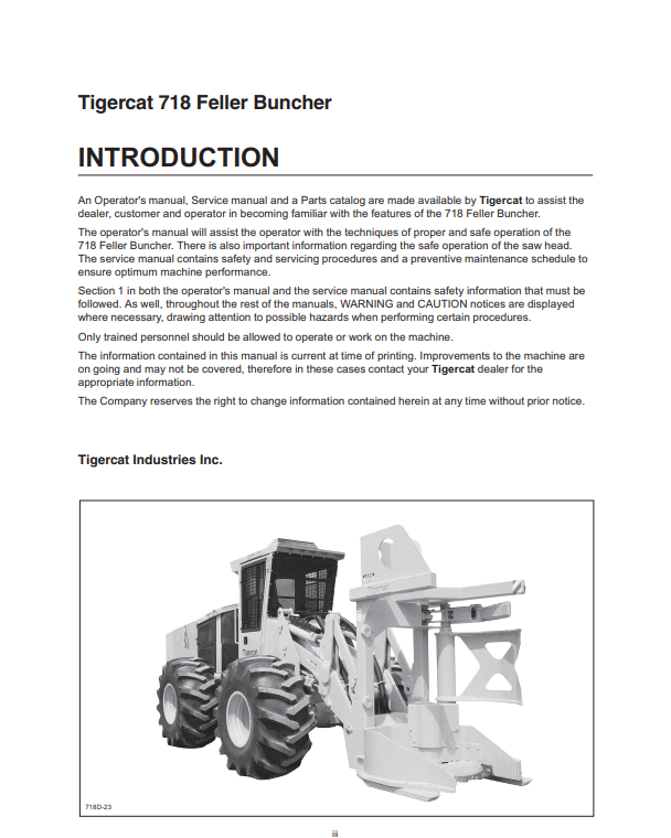Tigercat 718 Feller Buncher Operator Manual 15810A