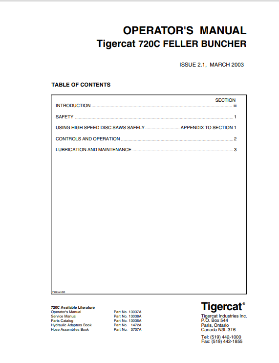 Tigercat 720C Feller Buncher Operator Manual 13037A