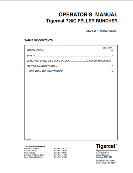Tigercat 720C Feller Buncher Operator Manual 13037A