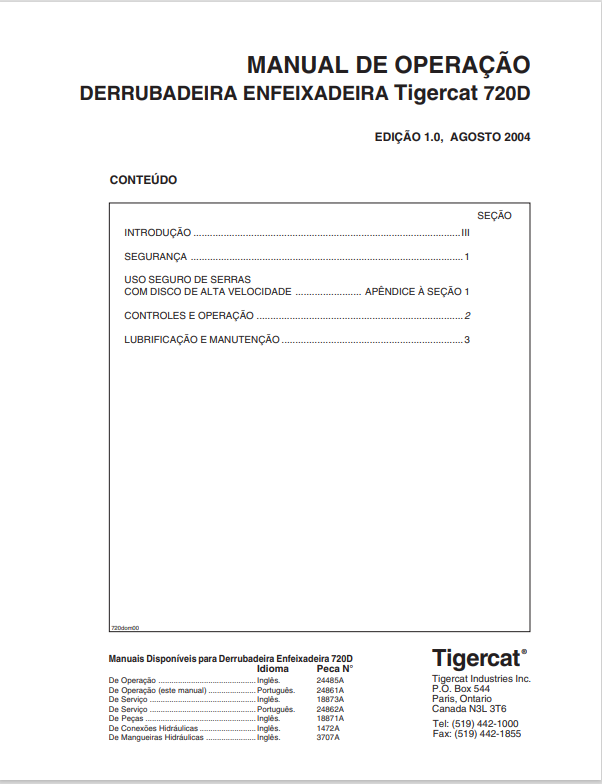 Tigercat 720D Falling Down Feixadeira Operating Manual 24485A