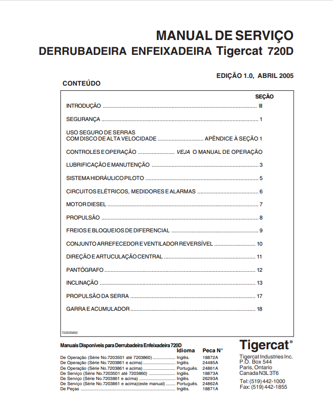 Tigercat 720D Falling Down Feixadeira Service Manual 18873A