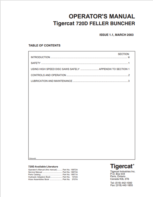 Tigercat 720D Feller Buncher Operator Manual 18872A
