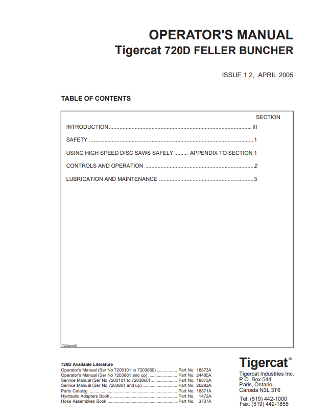 Tigercat 720D Feller Buncher Operator Manual 18873A