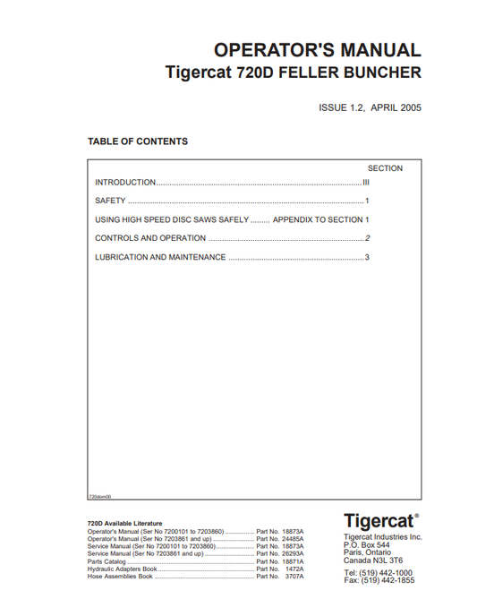 Tigercat 720D Feller Buncher Operator Manual 18873A