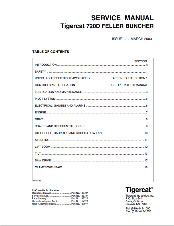 Tigercat 720D Feller Buncher Service Manual 18873A