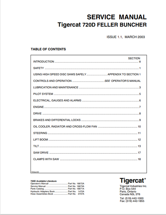 Tigercat 720D Feller Buncher Service Manual 18873A