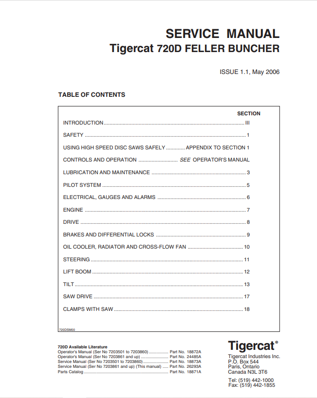 Tigercat 720D Feller Buncher Service Manual 18873A