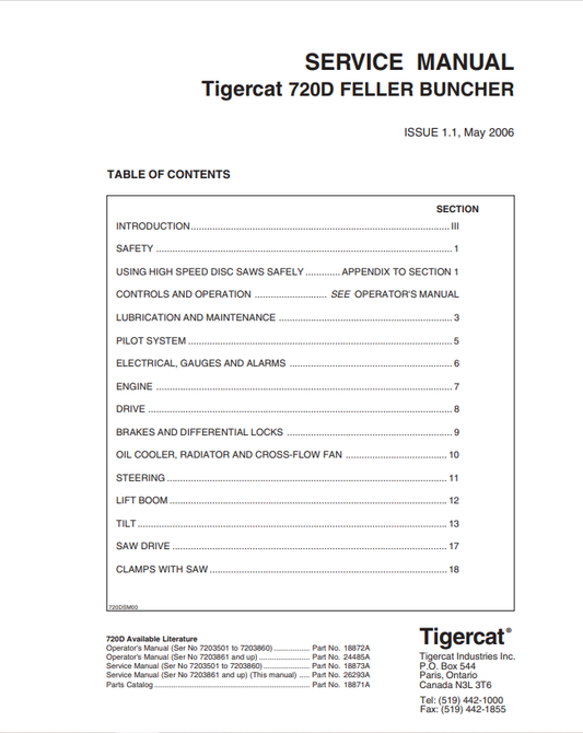 Tigercat 720D Feller Buncher Service Manual 18873A