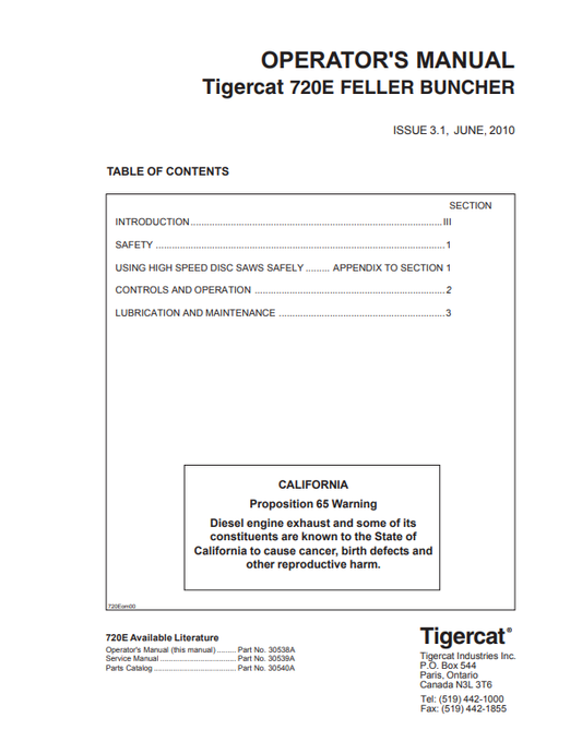 Tigercat 720E Feller Buncher Operator Manual 30538A 
