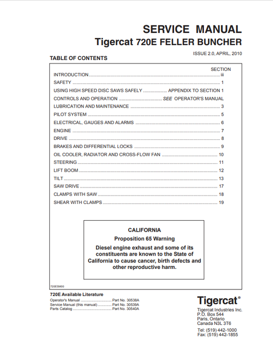Tigercat 720E Feller Buncher Service Manual 30539A